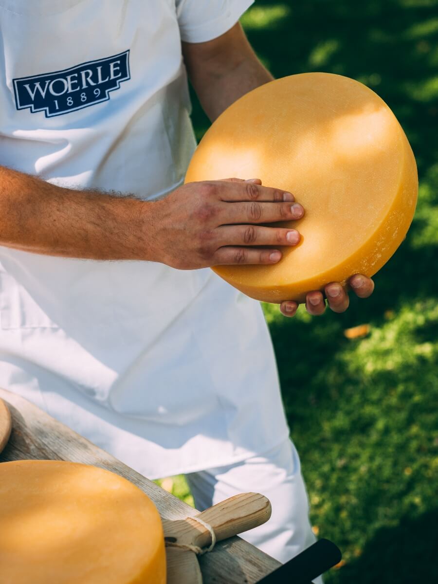 Runder Heumilch-Käse in den Händen eines WOERLE Mitarbeiter