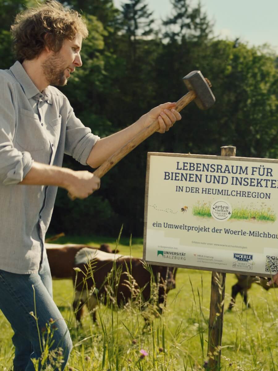 Geschäftsführer Gerrit Woerle stellt ein "Lebensraum für Bienen und Insekten"-Schild auf